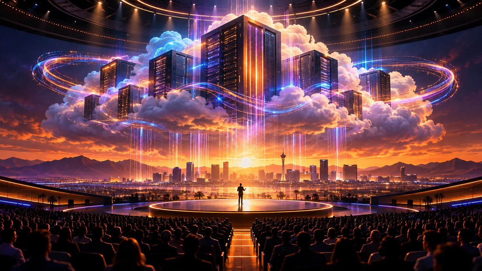 AI-generated illustration of a cloud computing keynote over the Las Vegas skyline; not an event photograph.