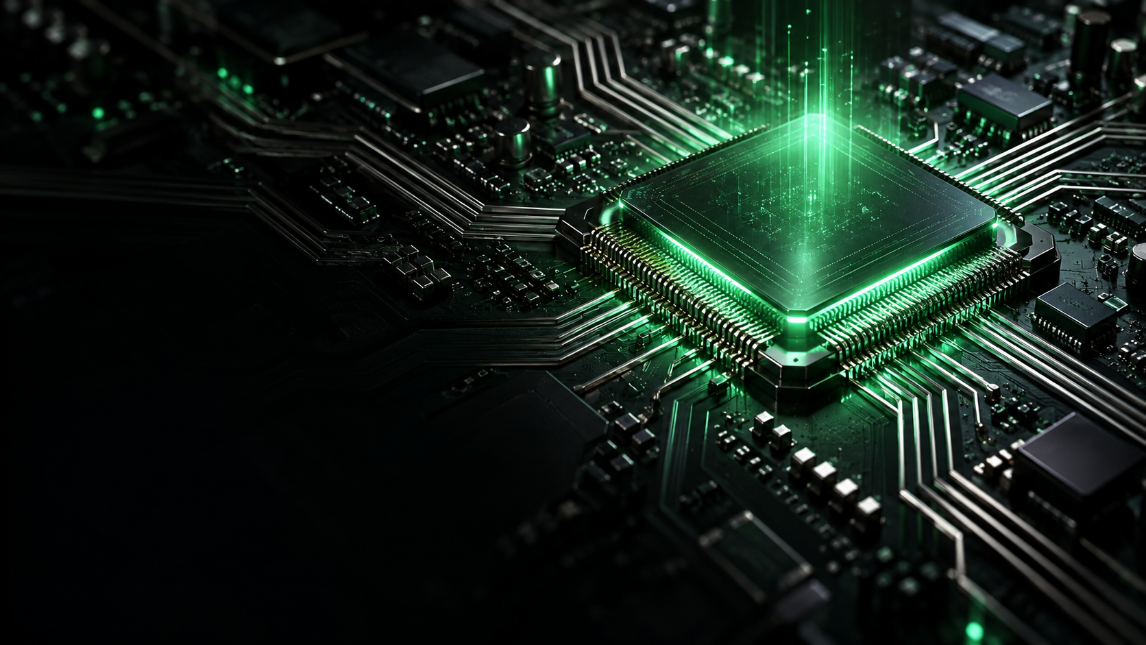 A glowing green computing chip and circuit board illustrating AI and accelerated computing.