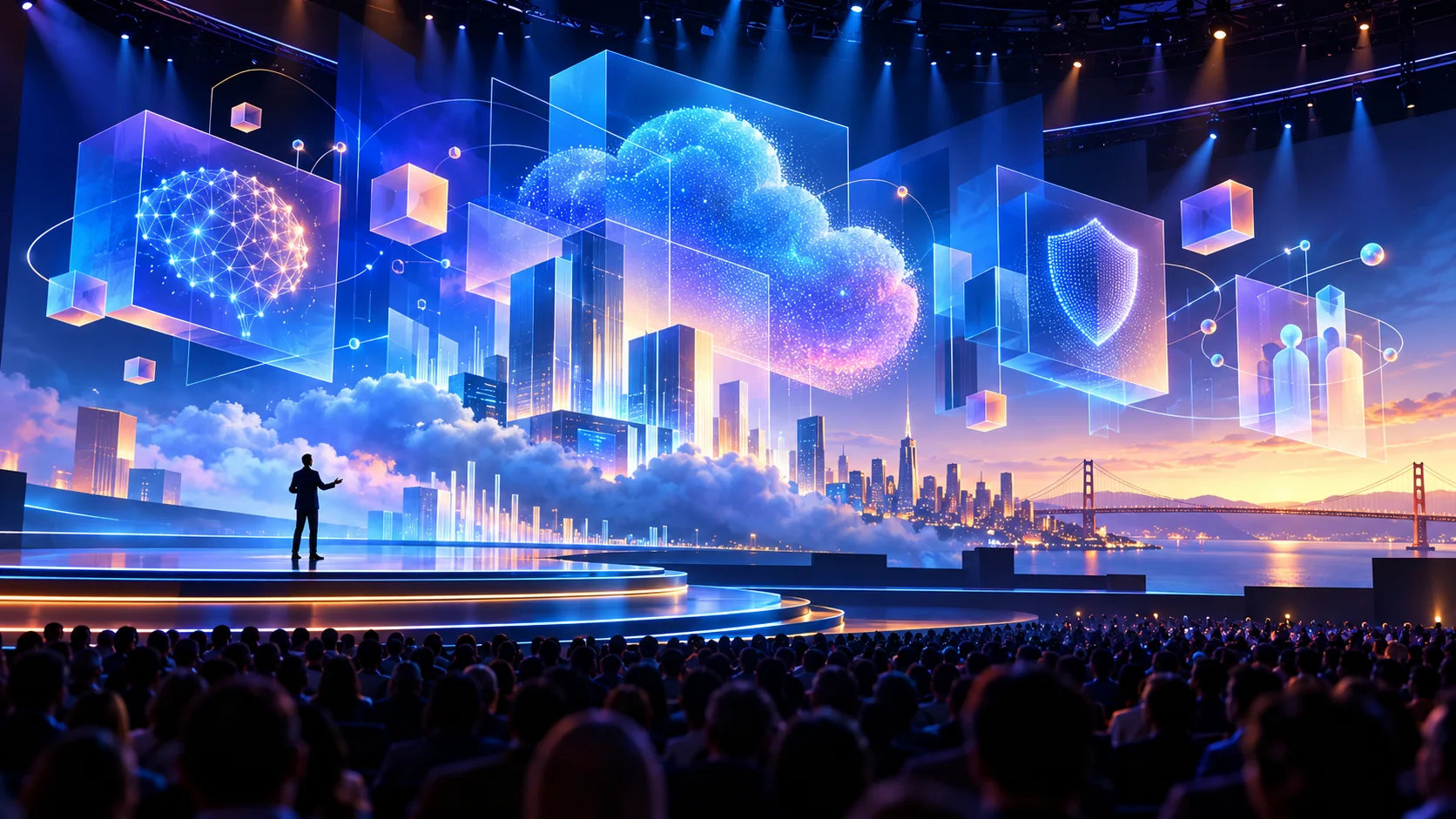 AI-generated illustration of a large cloud and AI technology keynote in San Francisco; not an event photograph.