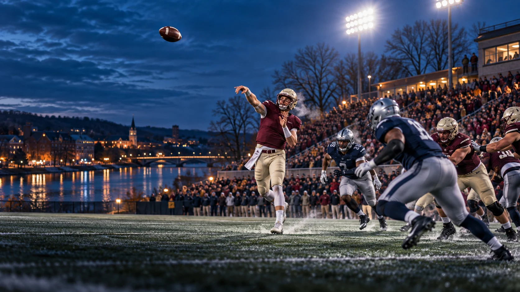 AI-generated illustration of an unbranded college quarterback passing under stadium lights on a cold evening; not an event photograph.